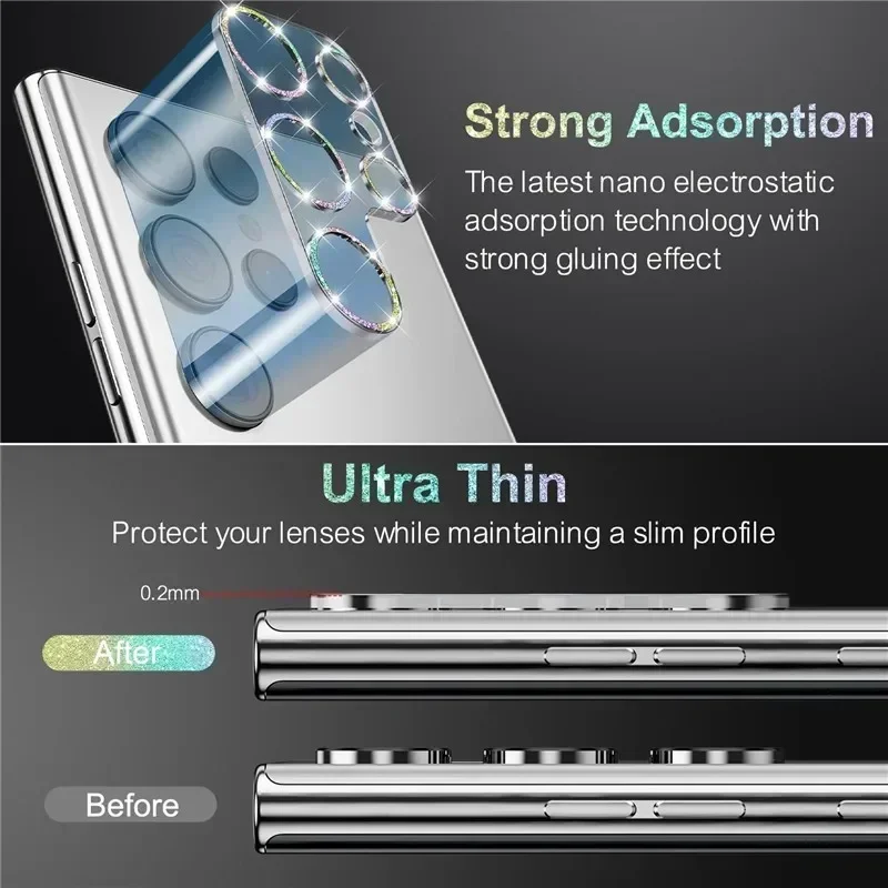 Protección de lente para Samsung Galaxy S25 S24 S23 Ultra Plus, película protectora de lente de cámara, cubierta completa HD, brillo ostentoso, diamante