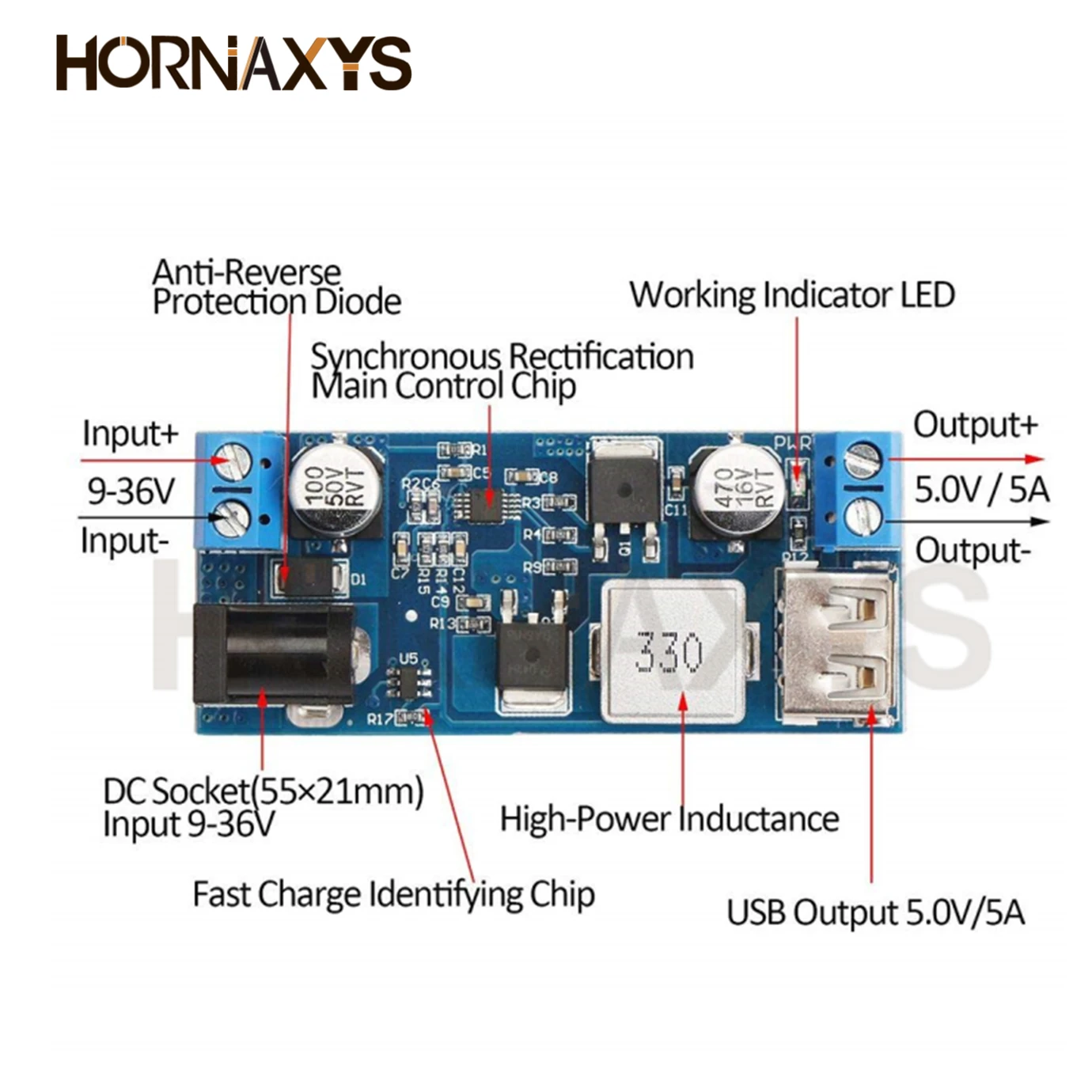Módulo de fuente de alimentación reductor DC 5A, 24V/12V, amplio voltaje 9-36V a 5V, convertidor de potencia piezas, 5 XY-3606/1 unidad - imagen 2