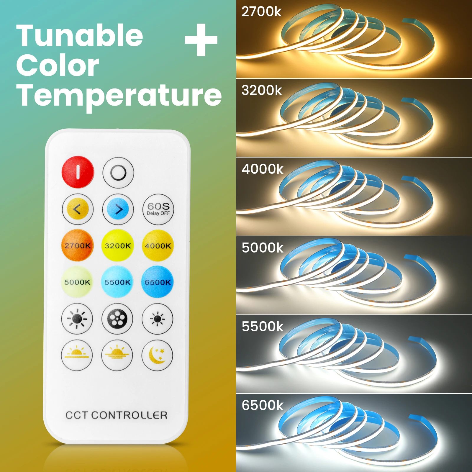 Tira de luz LED COB CCT de 24V, 576LEDs/m, alta densidad, doble Color, RA90, regulable, 2700K a 6500K, cinta Led cambiante con Kit de 17 teclas - imagen 3