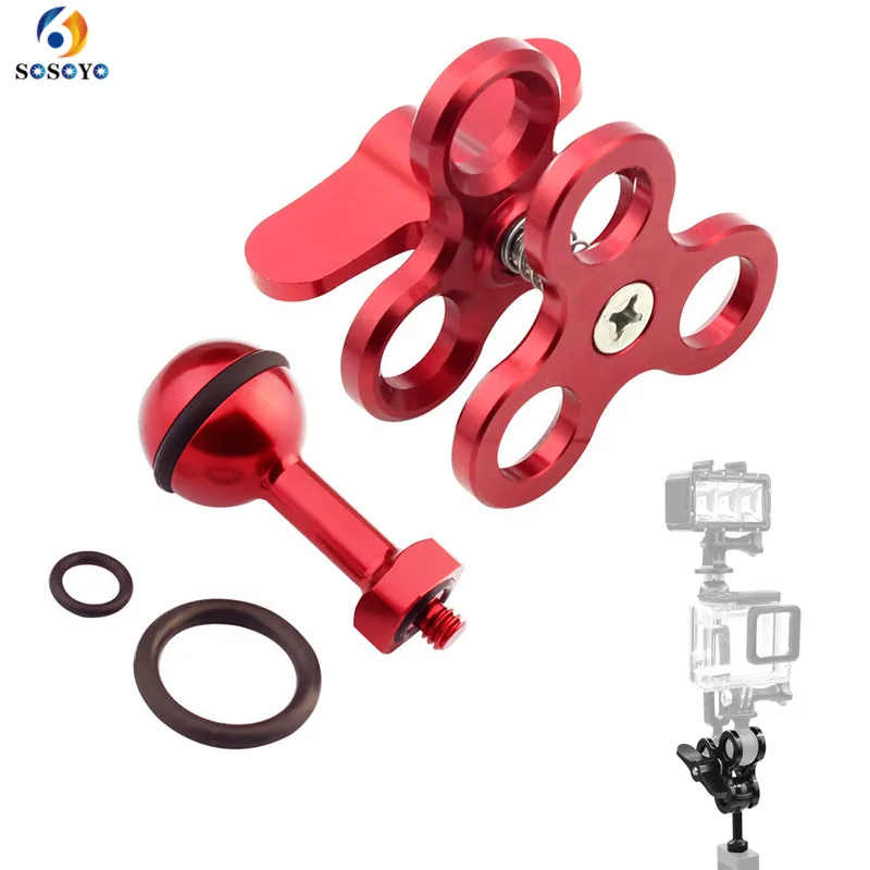 Accesorio de bola de buceo de aluminio, brazo de luces, Clip de mariposa Triple + adaptador de tornillo de montaje de 1/4 pulgadas para Gopro, Xiaomi, Yi, Cámara de Acción Sjcam