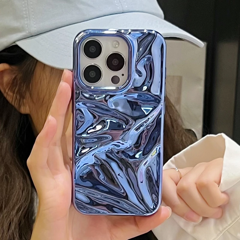 Funda de teléfono chapada en azul brillante con ondas de agua para iPhone 17 Air 16 15 14 13 12 11 Pro Max 16 Plus, funda trasera suave a prueba de golpes - imagen 3