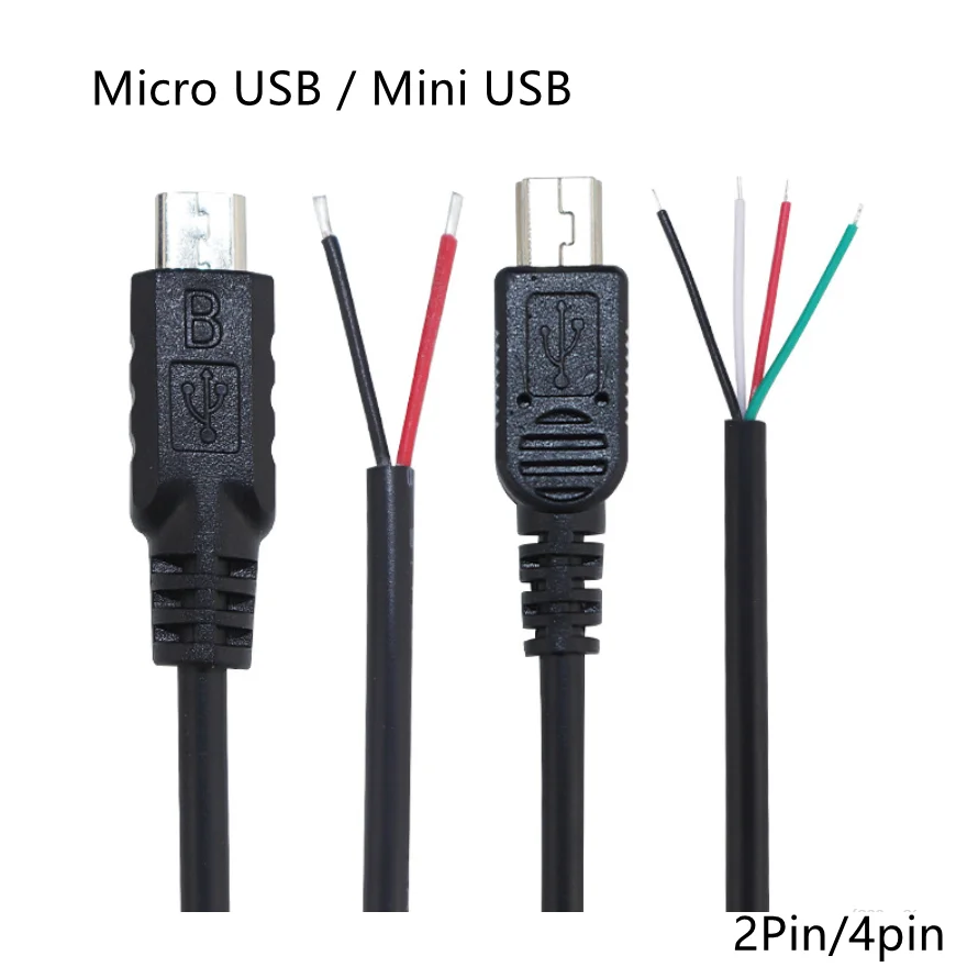 Micro Mini USB 2,0 A macho hembra Jack cable 4 pines 2 pines núcleo Cable carga de datos cable de extensión de alimentación conector DIY para Android