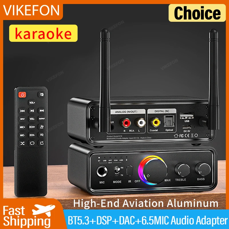 Receptor y transmisor de Audio con Bluetooth 5,3, adaptador inalámbrico DAC/3,5mm AUX/RCA/USB/Coaxial/óptico/6,5 MM, micrófono, Karaoke, DSP, TV