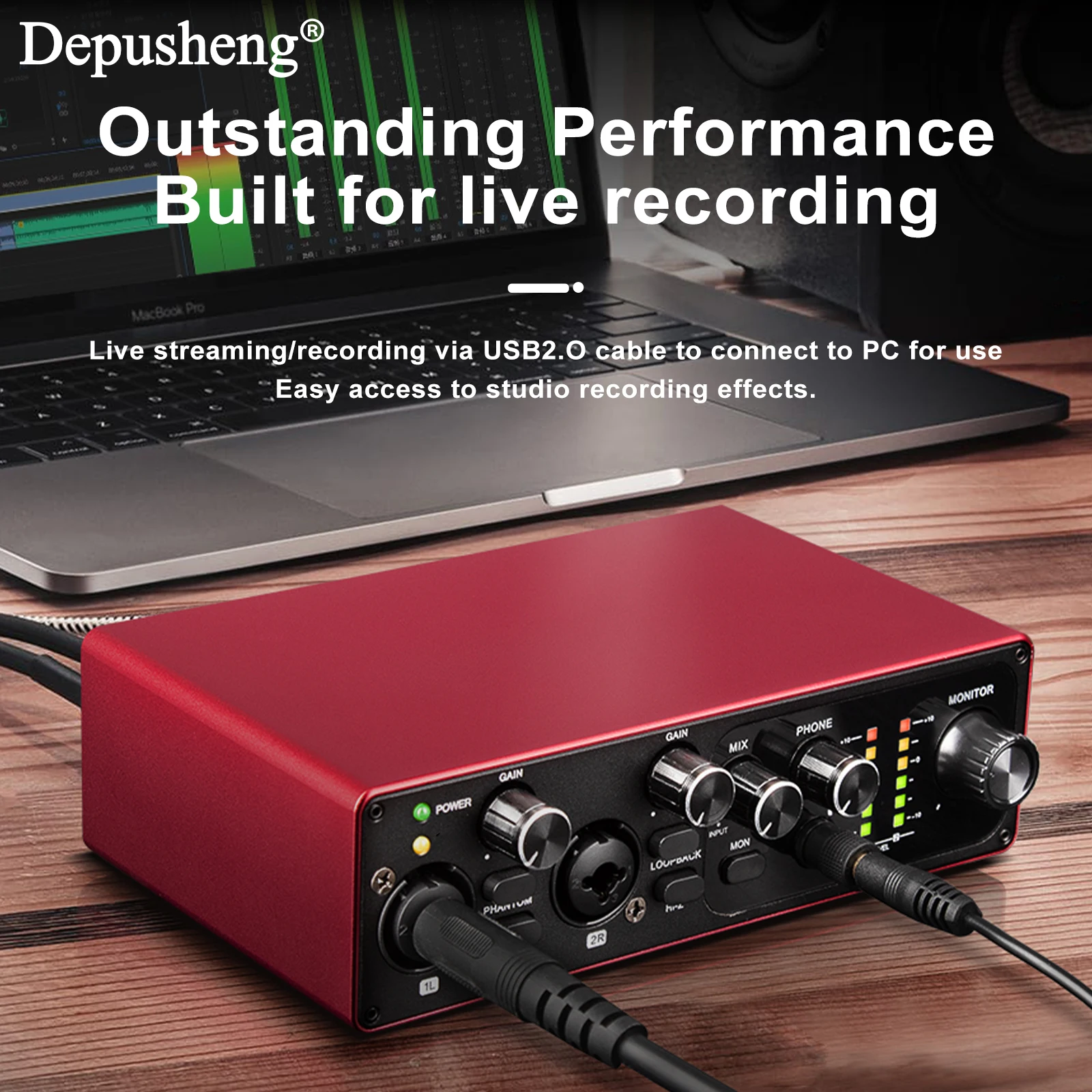 Tarjeta de sonido profesional Depusheng MK22P interfaz de Audio USB 48v fuente de alimentación fantasma para estudio en vivo Streaming Podcasts - imagen 2