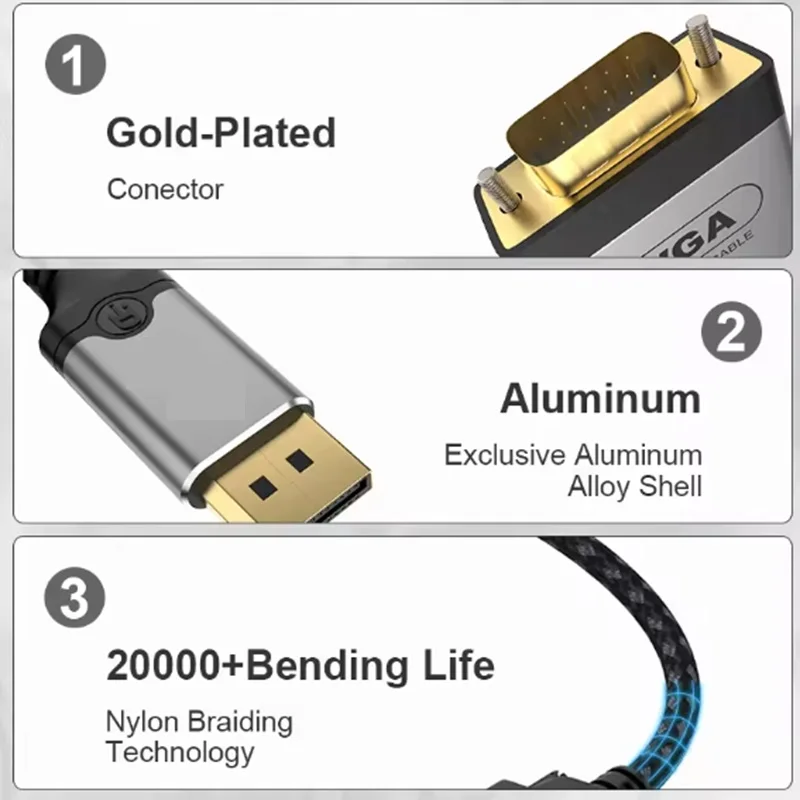 Cable adaptador Displayport DP a VGA de 2m HD 1080P, Cable convertidor de vídeo DisplayPort DP VGA para TV Box, PC, portátil, Monitor y proyector - imagen 3