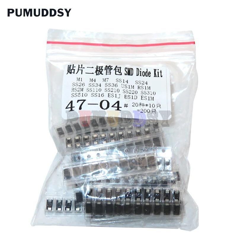 Lote de 200 unidades de set de diodos surtidos SMD, 20 unidades x 10 unidades, contiene SS110, SS220, SS210, SS310, SS510, SS16, SS26, SS34, SS36, ES1J, ES1D, M7, M4, US1M - imagen 3