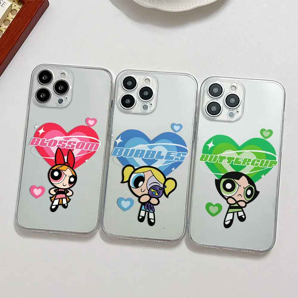 Funda de teléfono con dibujos animados Powerpuff Girls para iPhone 16 15 14 13 12 Mini Pro Max X XR XSMax 7 8 Plus, parte trasera de TPU suave transparente - imagen 3