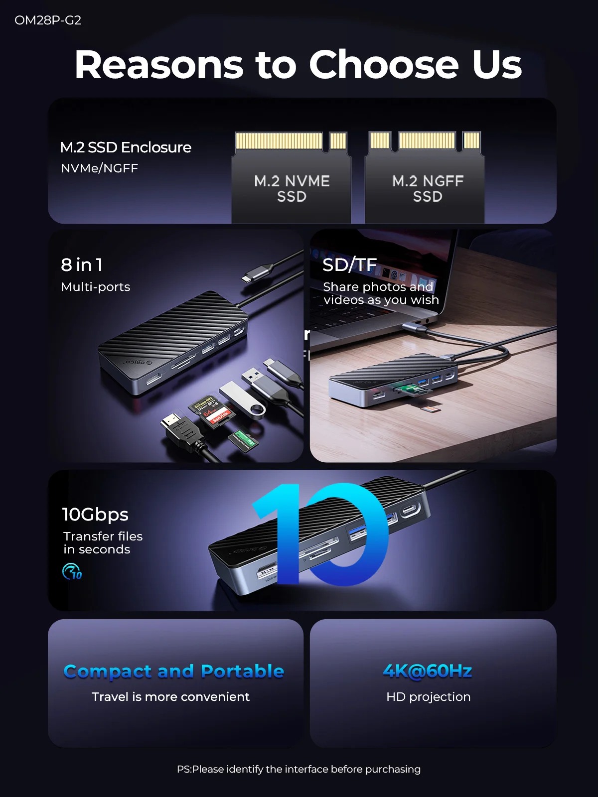 ORICO-USB C HUB con carcasa SSD, estación de acoplamiento para ordenador portátil, 4K60Hz, HDMI-Com, 100W, PD, RJ45, SDTF, 10gbps, M.2, NVME, SATA SSD, 8TB - imagen 4