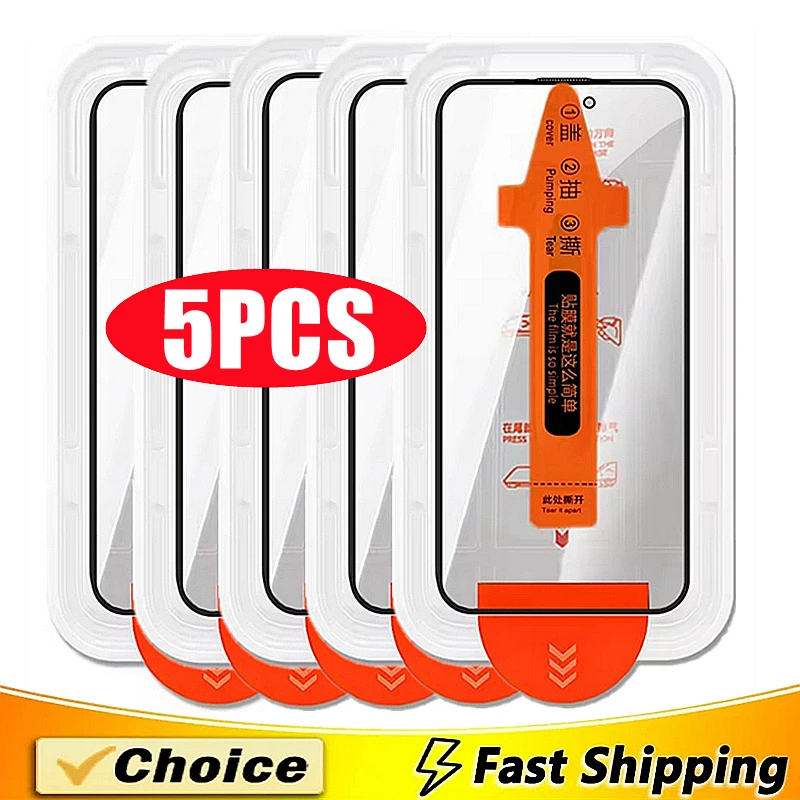 Protector de pantalla de fácil instalación sin polvo con revestimiento oleofóbico de 5 uds para iPhone 17 16 15 14 11 12 13 Pro Max XR X XS MAX 8 Plus