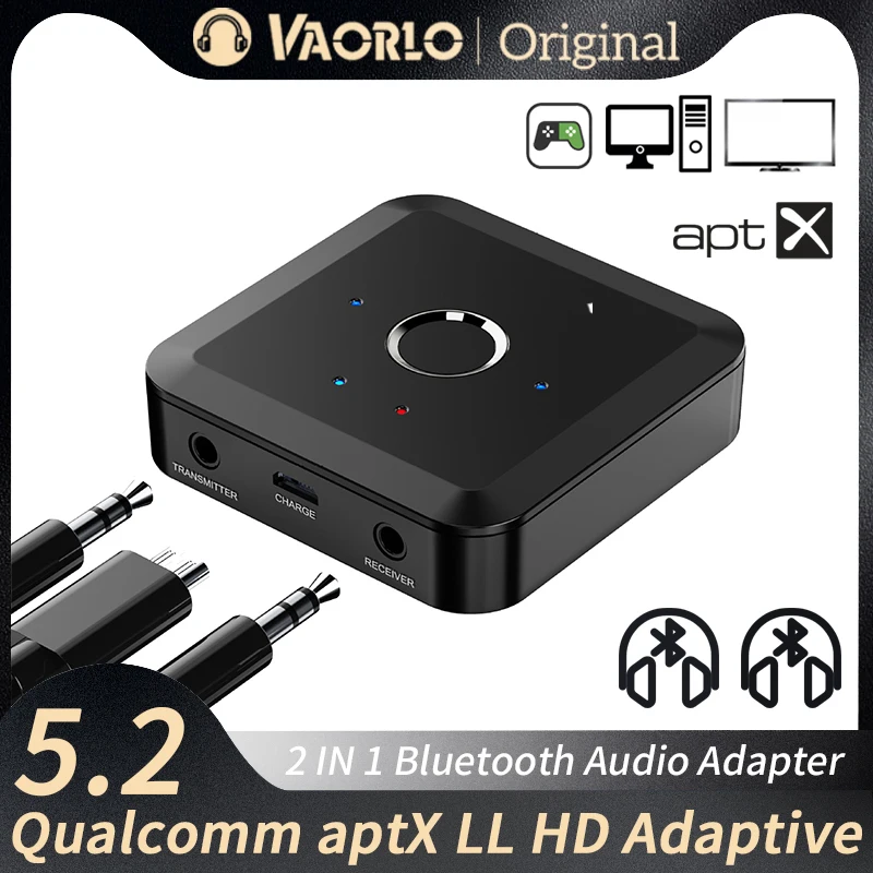 VAORLO 2 en 1 Bluetooth 5,2 transmisor receptor de Audio 24 bits 96Khz 3,5 MM AUX aptX adaptable LL HD adaptador inalámbrico para TV PC coche
