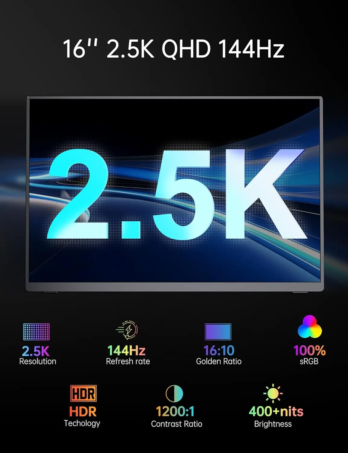 UPERFECT 2K 144Hz Monitor para juegos Pantalla portátil de 16" 100% sRGB con HDMI USB C HDR Freesync para PS5 Steam Deck Switch XBOX Laptop PC Mac iPhone HUAWEI Phone Extender segunda pantalla - imagen 2