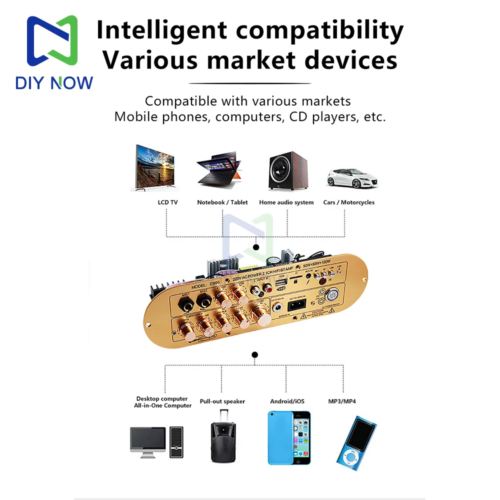 Placa amplificadora D900 con Panel de aleación de aluminio cepillado 50W + 50W + 100W salida de alta potencia compatible con AUX, micrófono, FM, USB, tarjeta TF - imagen 3
