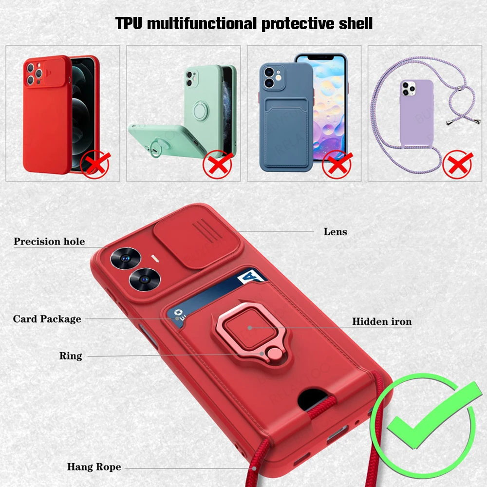 Una caja roja para un iPhone con una cuerda colgada y un paquete de tarjeta
