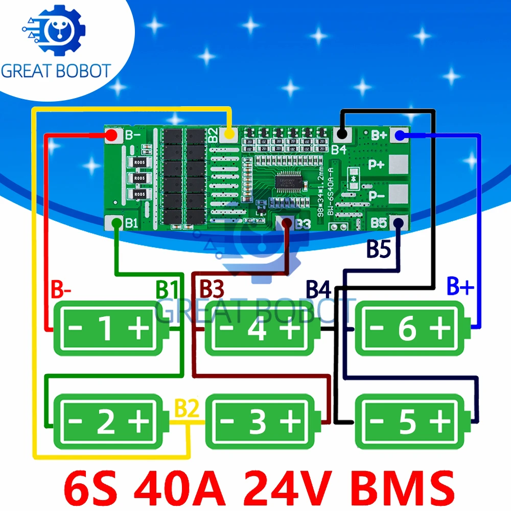 Placa de protección de batería de litio de iones de litio 24V 6S 40A 18650 con función de equilibrio-Ideal para iluminación Solar, Ebike y Scooter BMS PCB