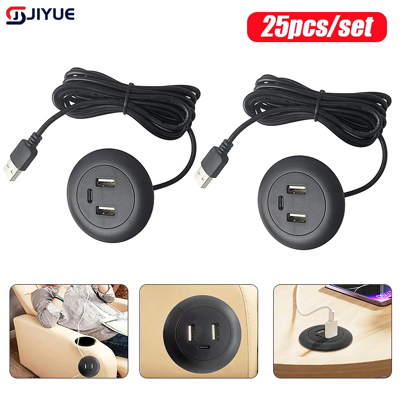 25 uds escritorio integrado USB2.0 a USB TYPE-C Cable de extensión del cargador mesa de té móvil sofá conector de Cable de carga rápida oculto - imagen 2