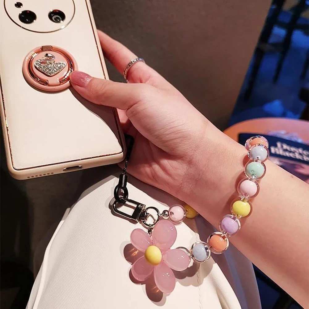 Ins Macaron flor con cuentas correas de teléfono móvil llavero colgante llavero de teléfono creativo para Iphone 16 Pro Max 15 11 12 13 14 - imagen 5