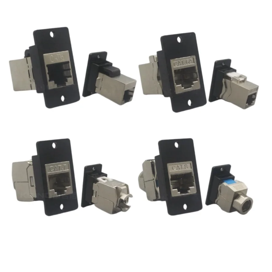 Adaptador de módulo conector RJ11 CAT3 RJ45 CAT5E CAT6 CAT6A CAT7 CAT8, montaje en chasis de panel de tornillo rectangular de aleación de Zinc de color negro