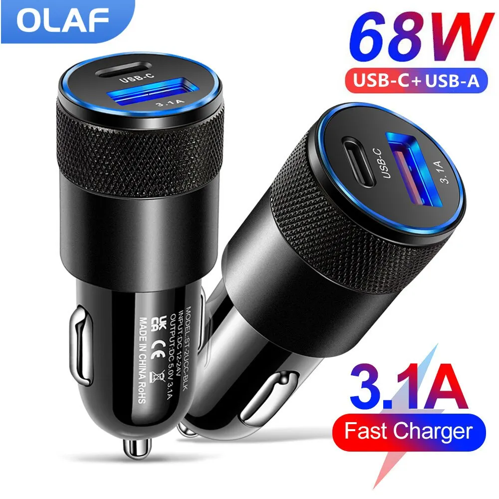 Olaf 68W PD Cargador de coche USB tipo C adaptador de teléfono de carga rápida para iPhone 13 12 Xiaomi Huawei Samsung S21 3,0 de carga rápida