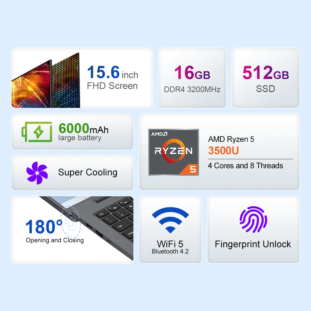 Ninkear A15 Air 2025 Conejo Conejo Pulgada FHD IPS Pantalla AMD Ryzen ™ 5 3500U 16GB DDR4 MHz + 512GB NVME SSD 180 °   Abra y cerrar WiFi 5 BT 4.2 s Desbloqueo de huellas dactilares Testado y probado PC portátil de alta calidad Alimentación de sus necesidades móviles Con la cuentabilidad - imagen 3