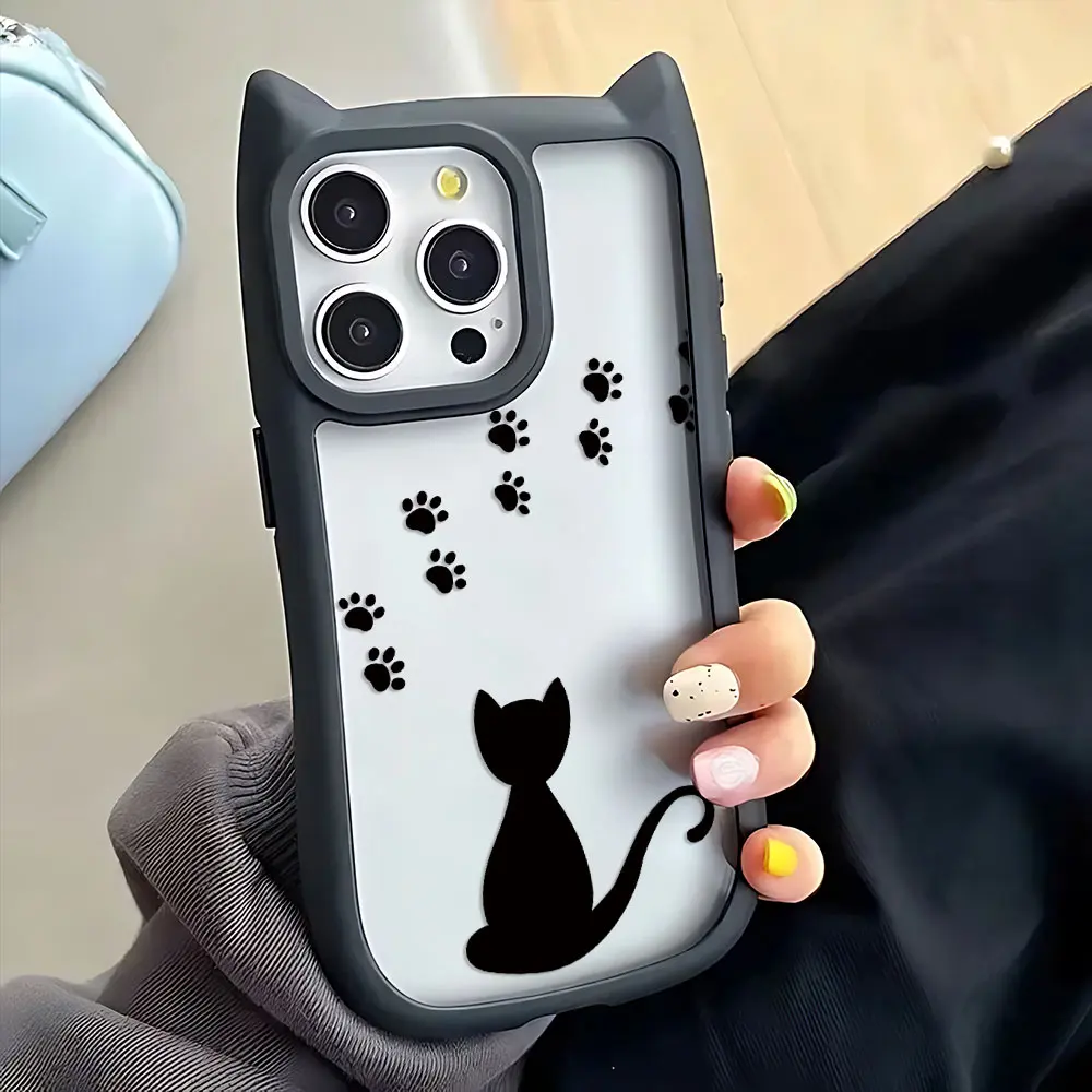 Funda de teléfono con orejas de gato negro para iPhone 16 15 14 13 12 11 Pro Max, parachoques de silicona suave acrílico duro transparente