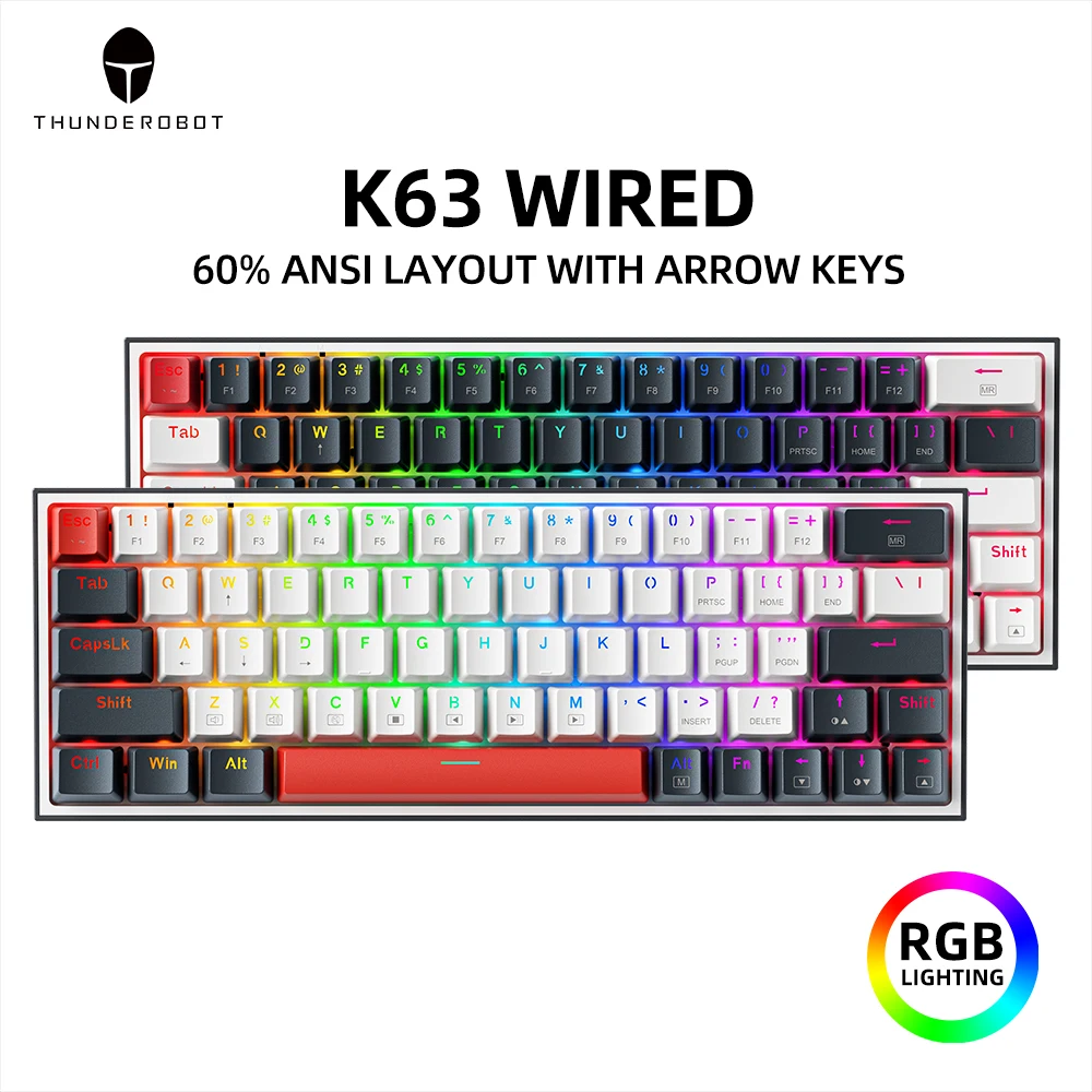 Teclado mecánico Thunderobot K63 con cable RGB ANSI 60% diseño de 63 teclas con teclas de flecha teclado para juegos intercambiable en caliente para jugadores
