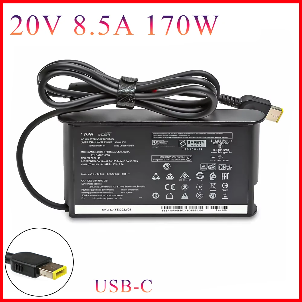 Cargador USB para portátil Lenovo Thinkpad, adaptador de corriente de 170W, 20V, 8.5A, P1, P50, P51, P52, P53, P70, P73, W540, W541, T540P, Yoga 15, 45N0487