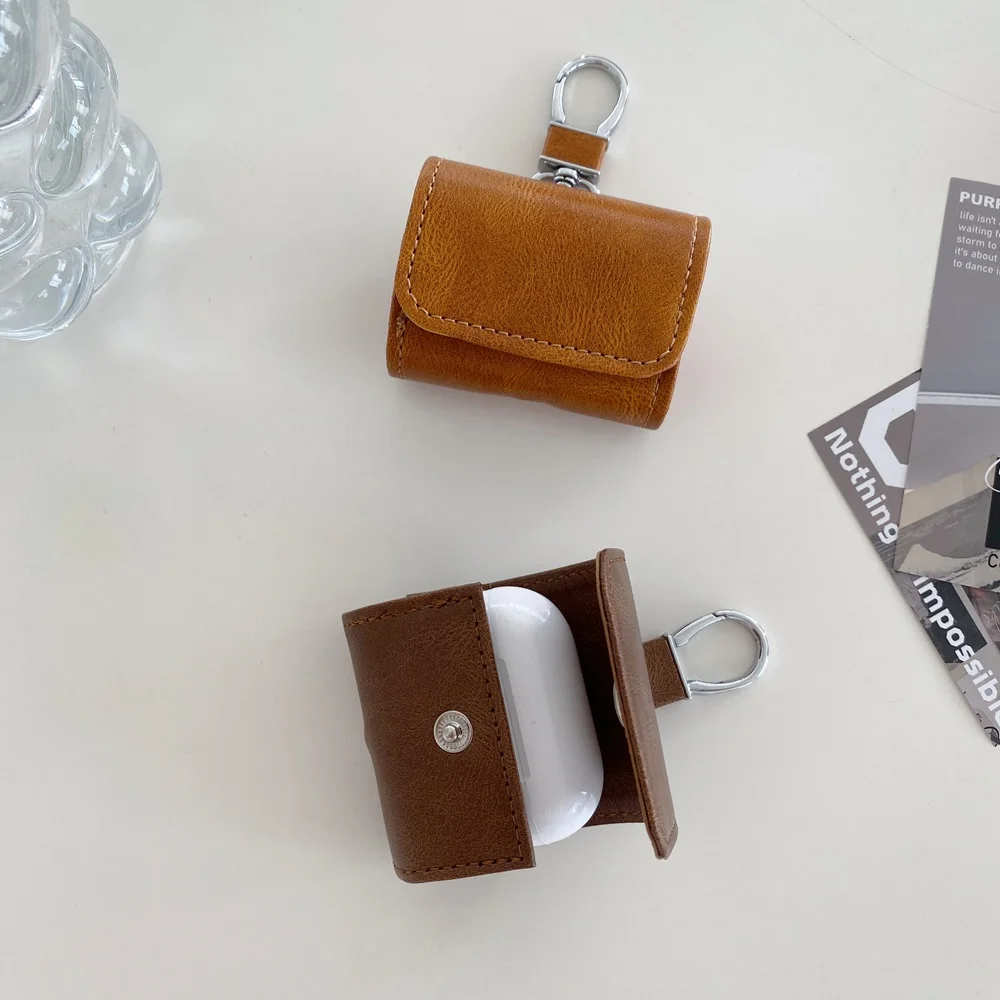 Funda de cuero Retro para AirPods 4, bolsa de almacenamiento de auriculares de negocios, fundas para AirPods Pro 2 3, funda para auriculares con gancho - imagen 4