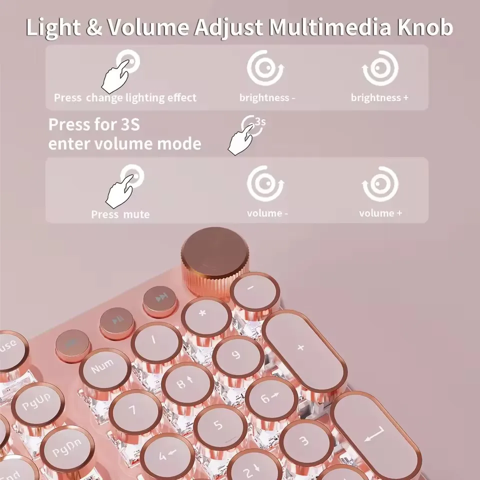 EWEADN-Teclado mecánico V20, máquina de escribir Retro Punk, inalámbrico, tres modelos, 104 teclas, teclas redondas, retroiluminado blanco, ordenador de oficina silencioso - imagen 5