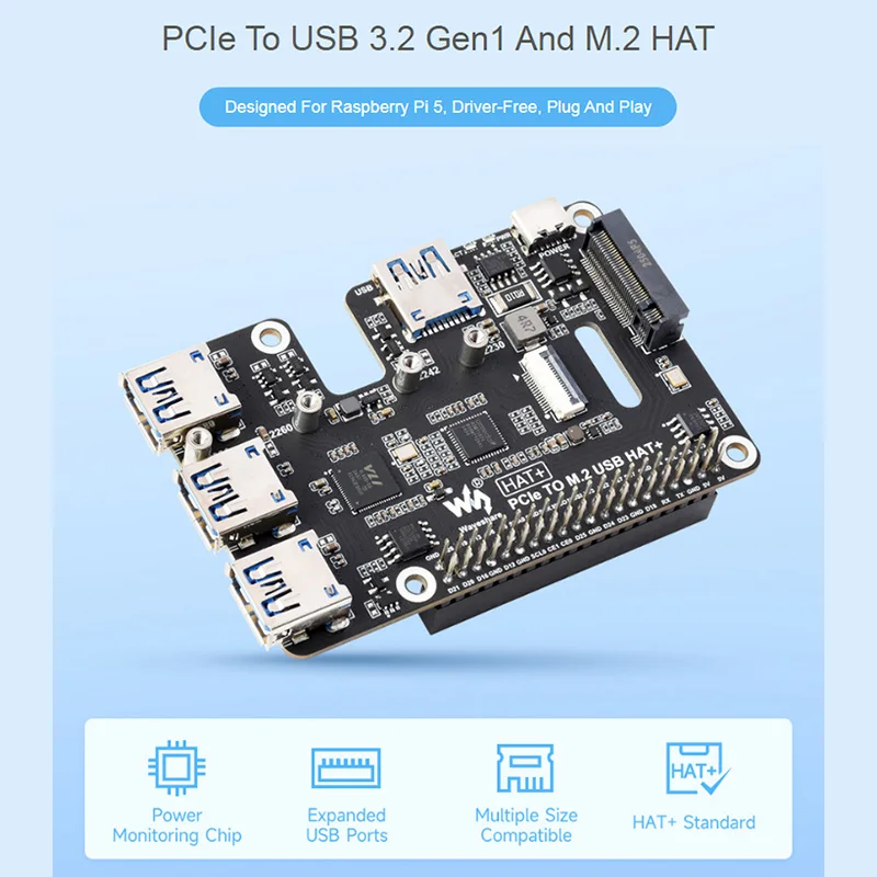 Adaptador PCIe a USB 3,2 Gen1 / 2,5G ETH / M.2 NVMe para Raspberry Pi 5 ampliar puerto Ethernet USB 3,2 de 2 canales compatible con unidad NVMe - imagen 2