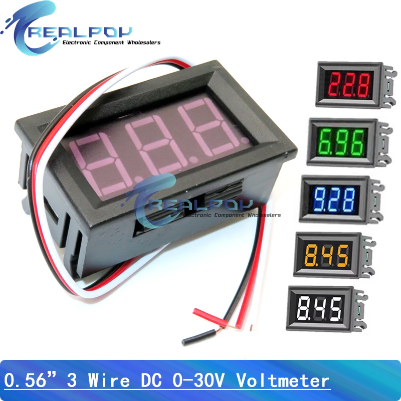 Voltímetro Digital de 0,56 pulgadas CC 0-30V, medidor de voltaje con pantalla LED de 3 cables, probador de voltímetro con carcasa roja/azul/verde para motocicleta