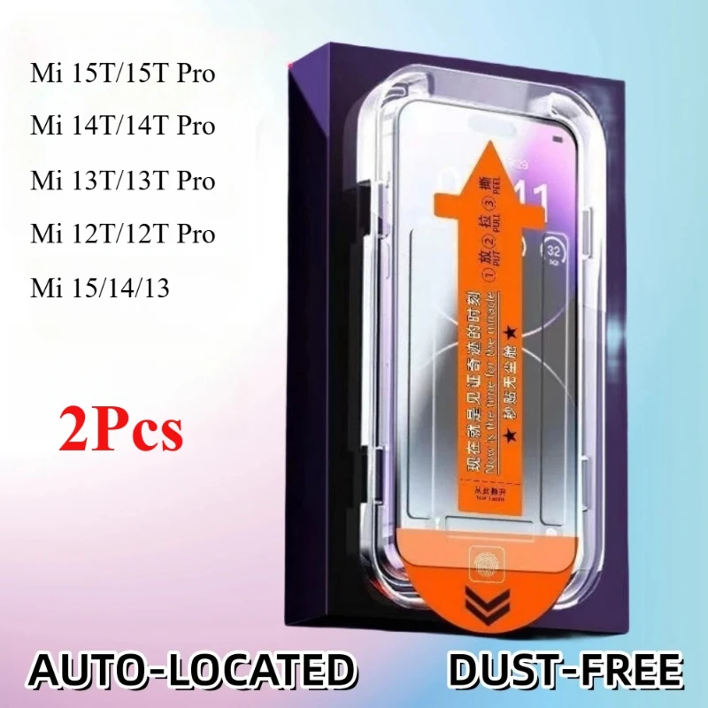2 uds para Xiaomi 15T 14T 13T 12T Pro Mi 15 14 13 Protector de pantalla de vidrio templado instalar Kit de eliminación automática de polvo