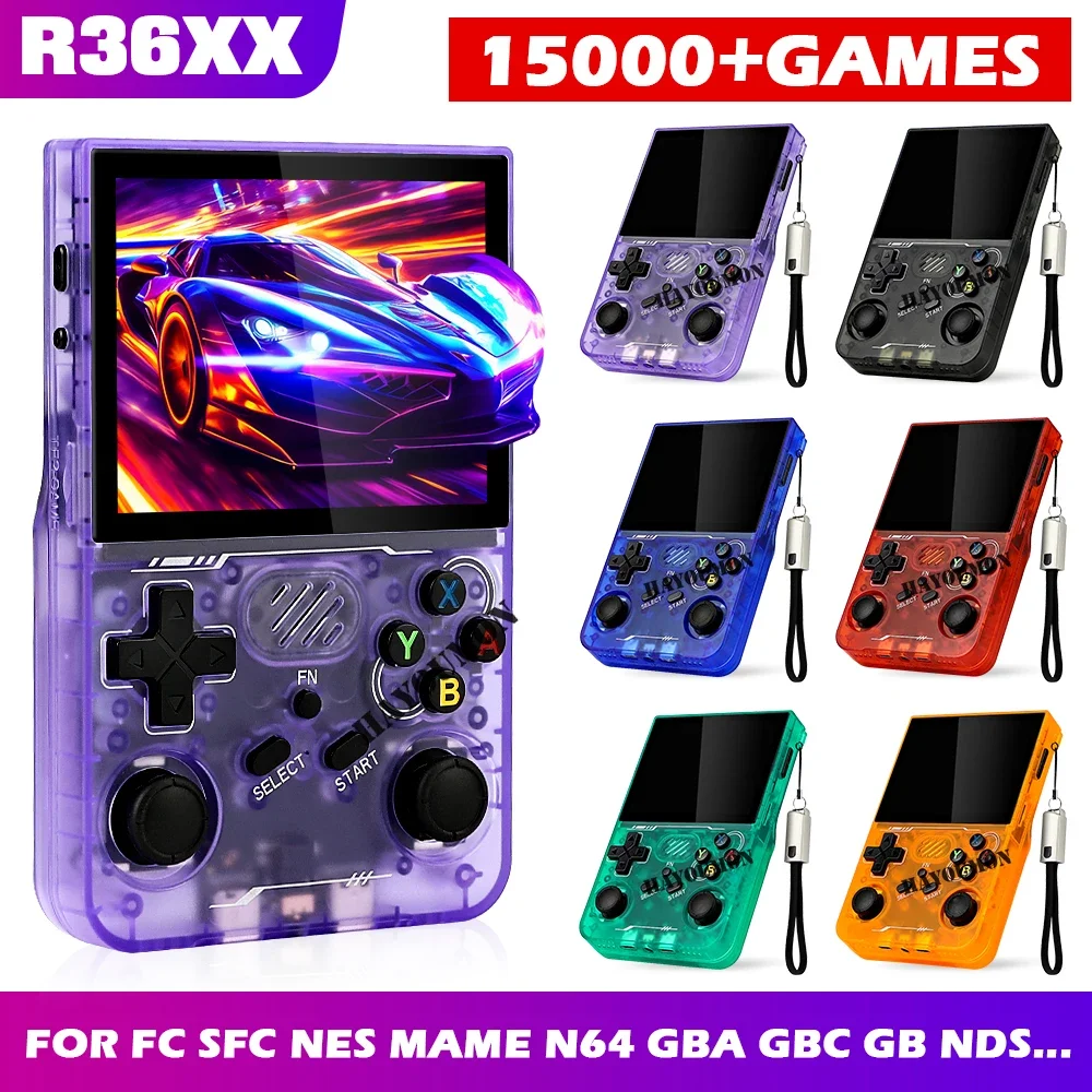 Consola de videojuegos portátil Retro R36XX, Color transparente, pantalla IPS de 3,5 pulgadas, reproductor de vídeo portátil, 64GB, 15000 juegos