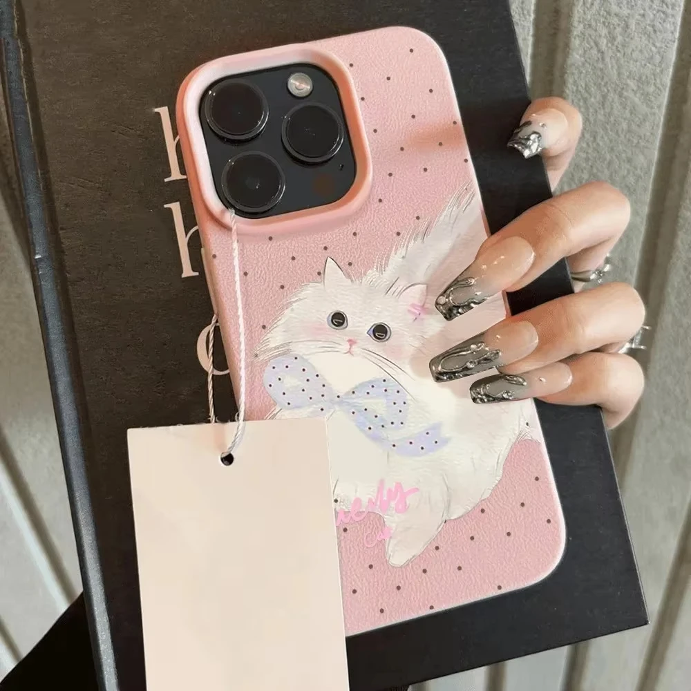 Funda de teléfono INS con bonito gato coreano para iPhone 15 Plus 11 14 12 16 17 Pro Max Color caramelo patrón de lichi funda de teléfono mate de silicona - imagen 2