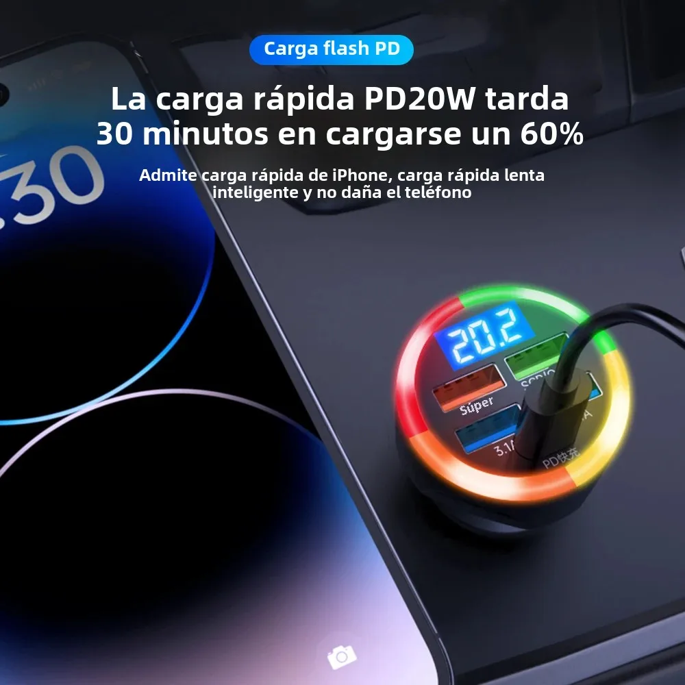 Cargador de coche Total de 200W, carga súper rápida 6 en 1, voltaje multipuerto para coche con pantalla Digital para vehículo, cargador de teléfono móvil para coche - imagen 5