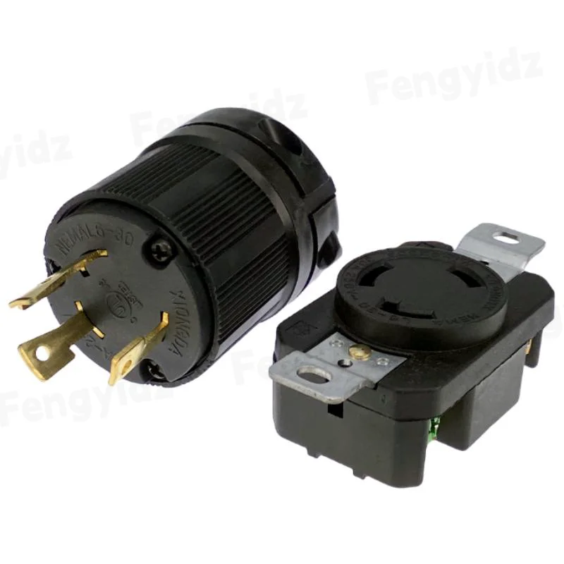 Fengyidz negro americano 30A 250V NEMA L6-30P L6-30R US 3 orificios antiapagado enchufe de alimentación industrial conector de cable en línea