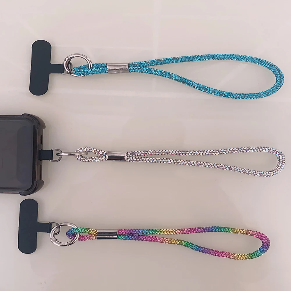 Correa de muñeca corta para teléfono móvil, colgante de diamantes de imitación, cordón completo, Correa colorida de lujo, Correa antipérdida