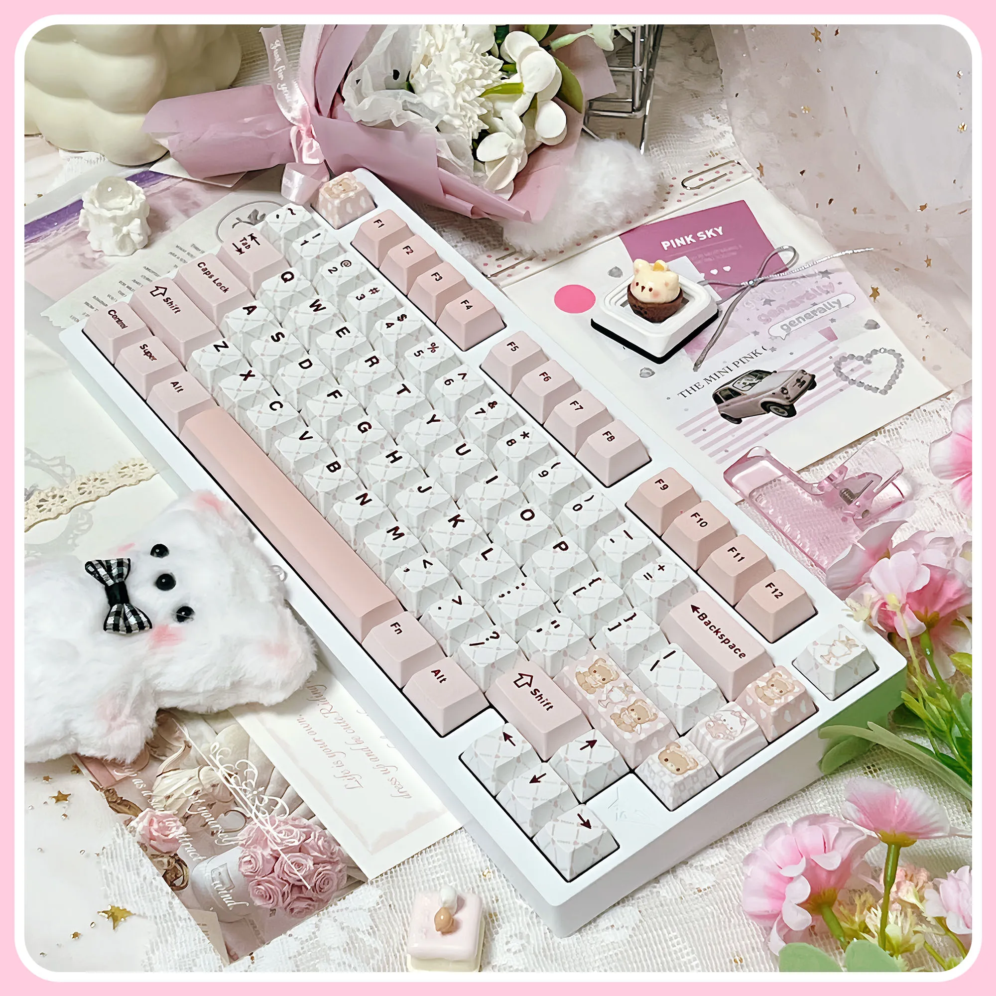Juego de teclas con tema rosa Little Bear Tea Party, perfil de cereza PBT, teclas originales personalizadas hechas a mano para regalo de teclado mecánico - imagen 3
