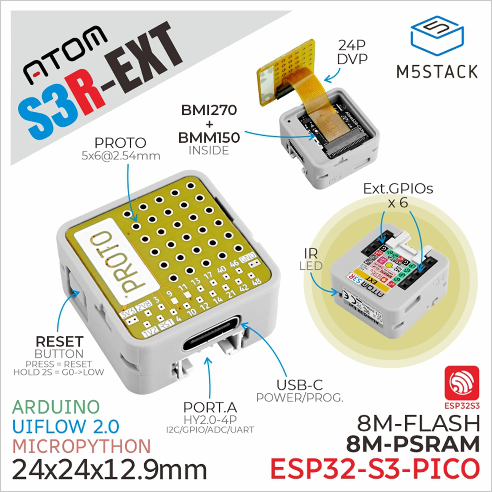 M5Stack-Kit oficial ATOMS3R Proto, sin pantalla, 8MB, PSRAM - imagen 2