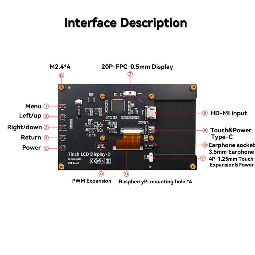 Pantalla Táctil IPS de 7 Pulgadas para Raspberry Pi 5, Módulo LCD de 1024x600 Compatible con HDMI, Mini Monitor Portátil para RPI 3B+ 4B PS4 - imagen 3