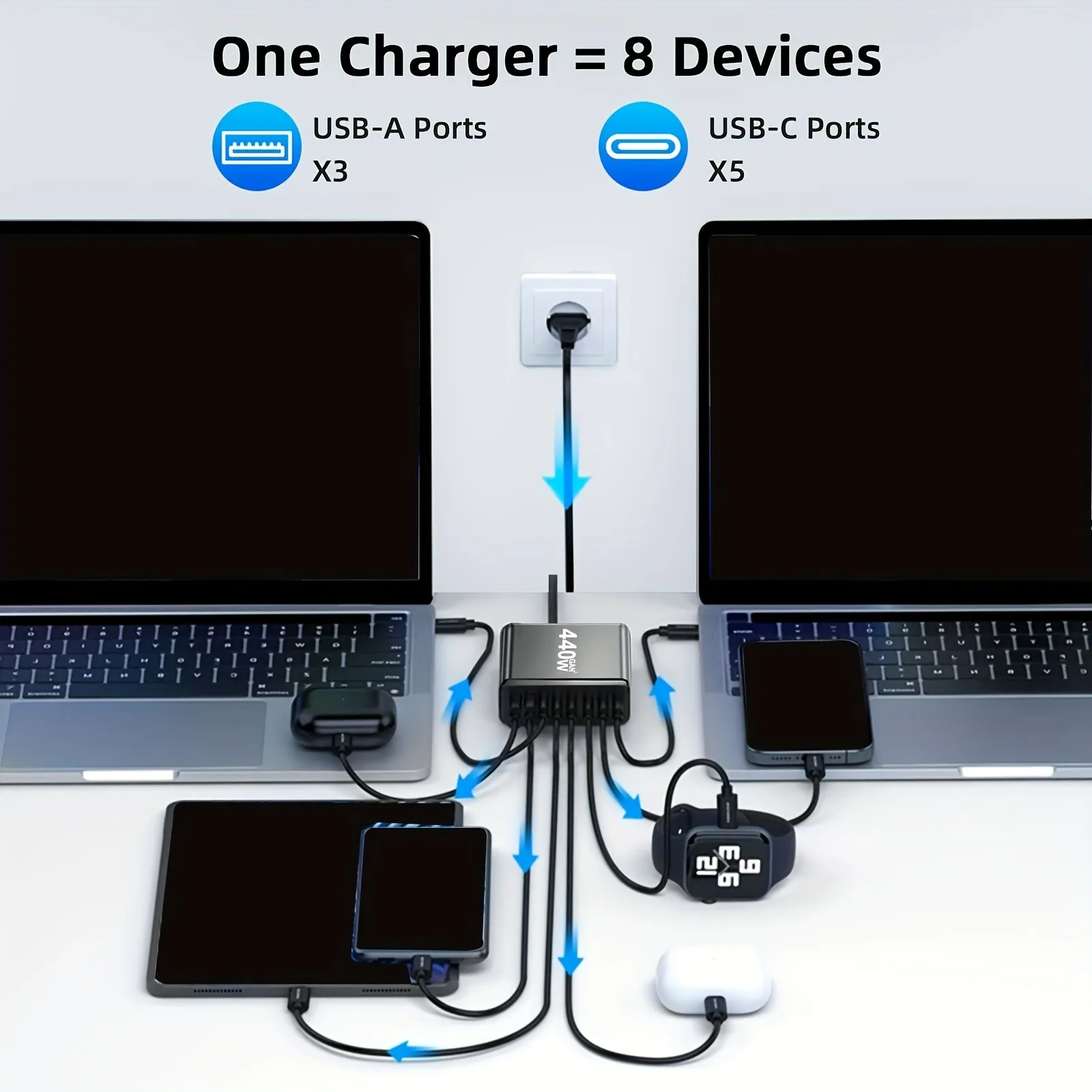 Estación de carga USB C de 440W, bloque de carga rápida de alta potencia de 8 puertos para teléfonos móviles, cargador rápido 3A5C para ordenador portátil/iPad/iPhone/Samsung - imagen 5