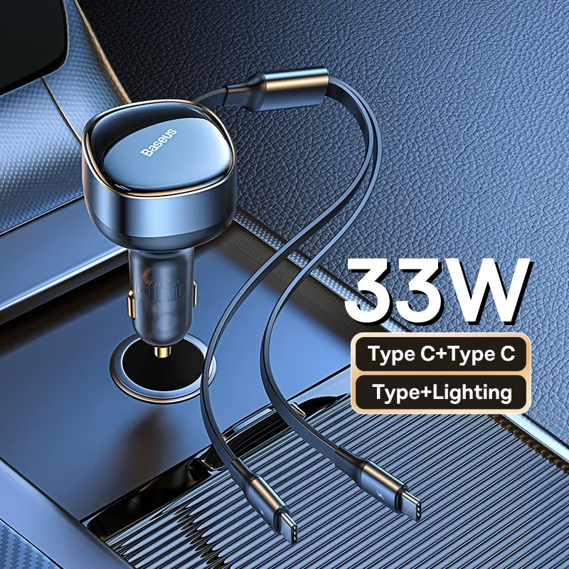 Cargador de coche Baseus 2 en 1 PD 20W Cable retráctil de carga rápida 30W 33W cargador de teléfono de carga rápida tipo C para Xiaomi iPhone - imagen 4