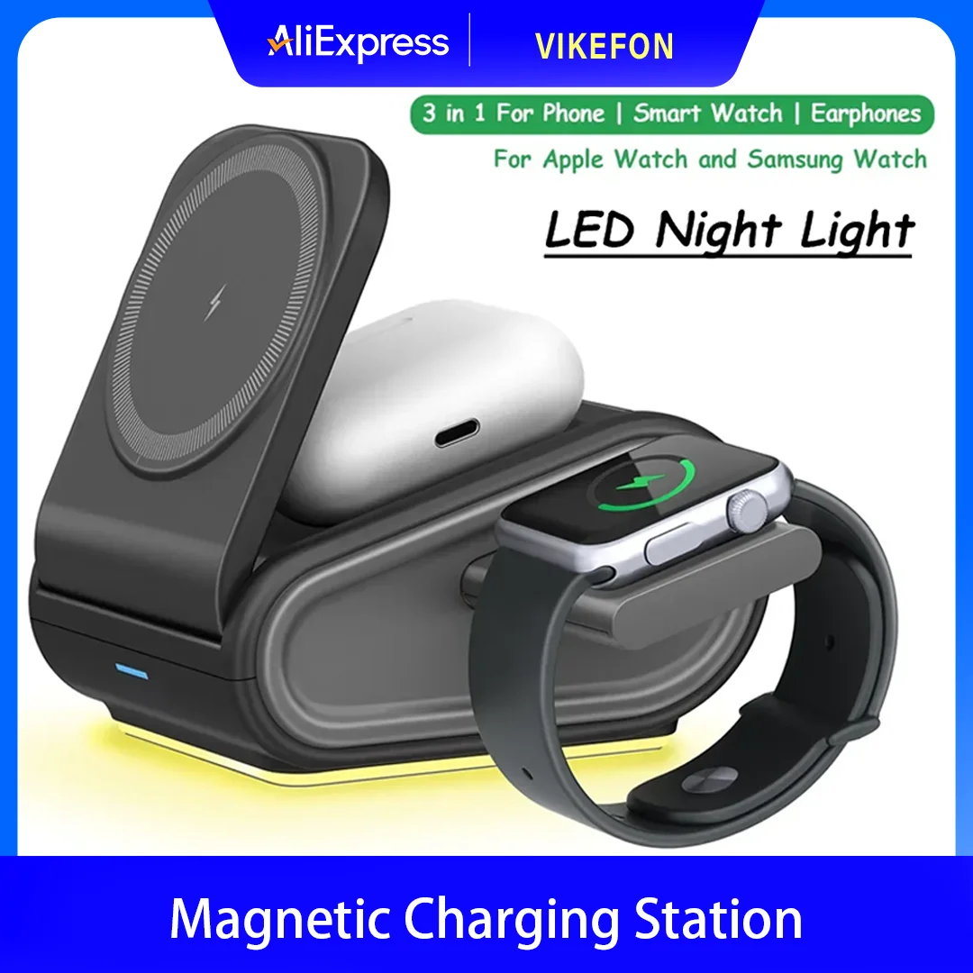 Cargador inalámbrico magnético luz LED nocturna para iPhone 17 16 15 14 Pro Max Apple Watch Airpods Samsung Galaxy Watch carga rápida