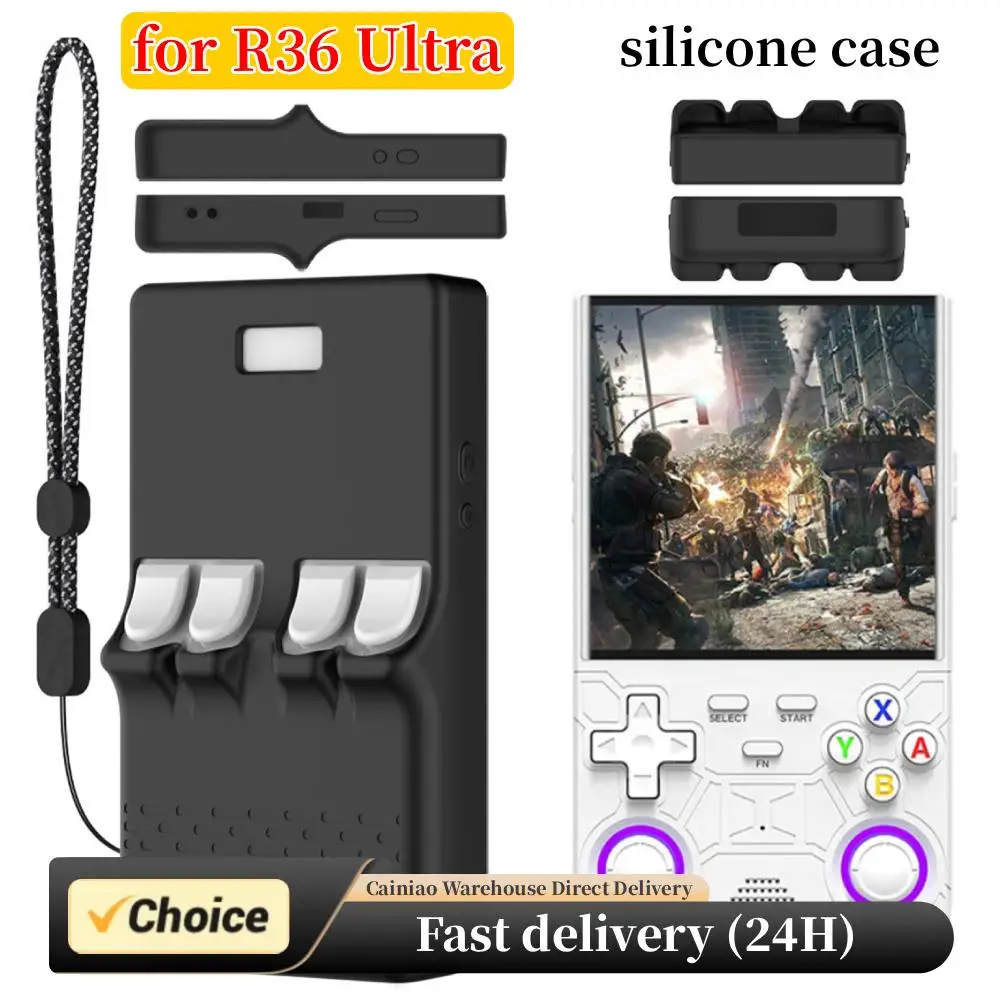 Funda de silicona para consola de juegos portátil R36 Ultra contra arañazos y caídas, Estuche de transporte negro con cordón para hombres y mujeres
