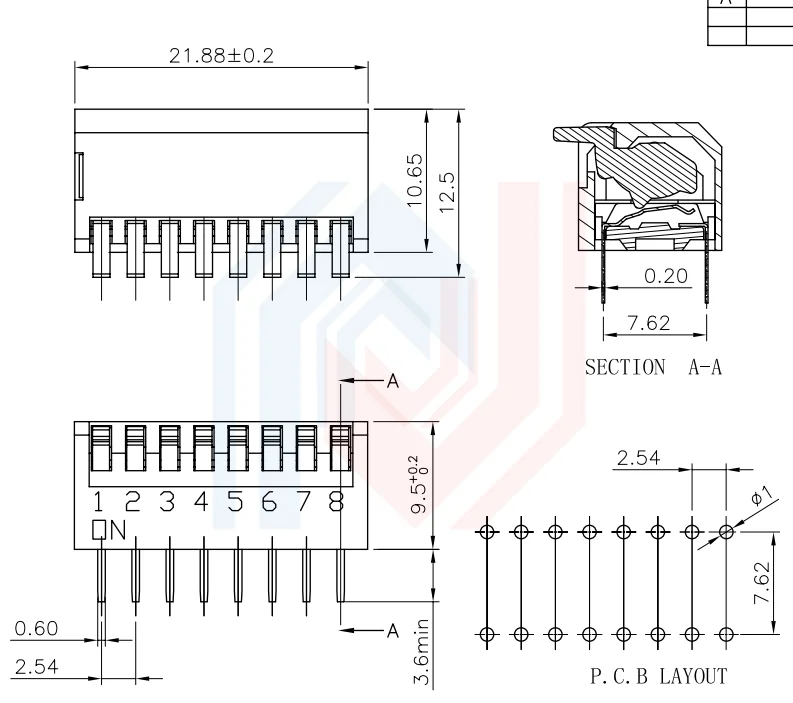 5 unids/lote estilo Piano 2,54mm distancia del pie interruptor Dip de Dial lateral 2P 1/2/3/4/5/6/8P Bit interruptor de enchufe directo rojo/azul - imagen 5