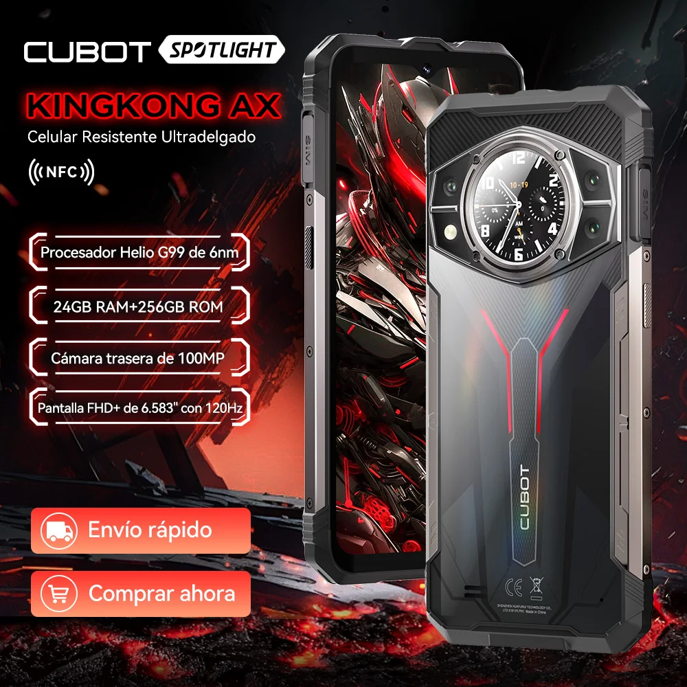 Cubot KINGKONG AX, Smartphone rugerizado ultrafino Android 14, Helio G99, 24GB RAM(12+12GB), 256GB ROM, pantalla 120Hz, 100MP, NFC