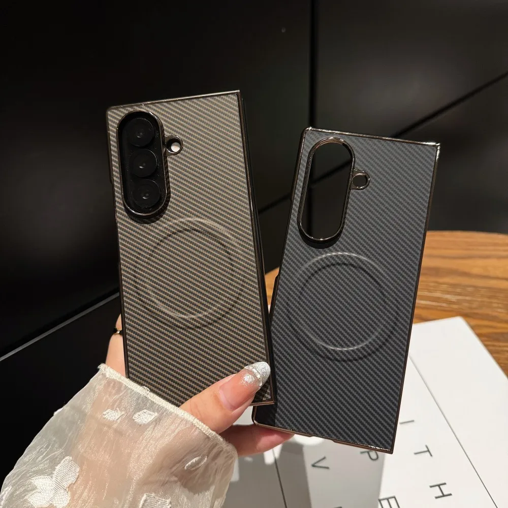 Para Samsung Galaxy Z Fold 7 funda chapada dura de fibra de carbono magnética carga inalámbrica cubierta protectora trasera para Z Fold7 Shell - imagen 2