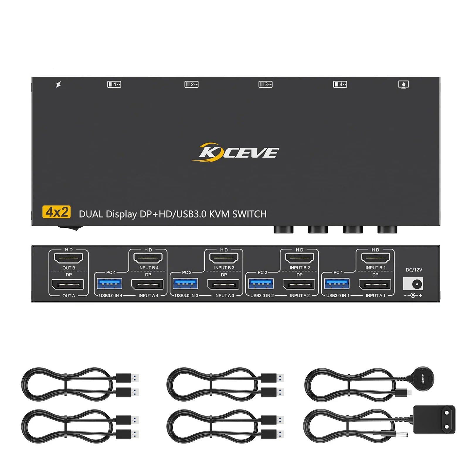 Conmutador KVM Displayport HDMI 8K @ 60Hz 4K @ 144Hz 4 PC 2 monitores, conmutador KVM USB 3,0 para teclado, ratón y impresora, datos de 5Gbps