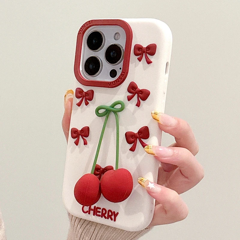 Funda de teléfono de silicona suave Ins 3D Cherry para iPhone Air 13 14 15 16 17 Pro Max, bonita carcasa trasera a prueba de golpes - imagen 5