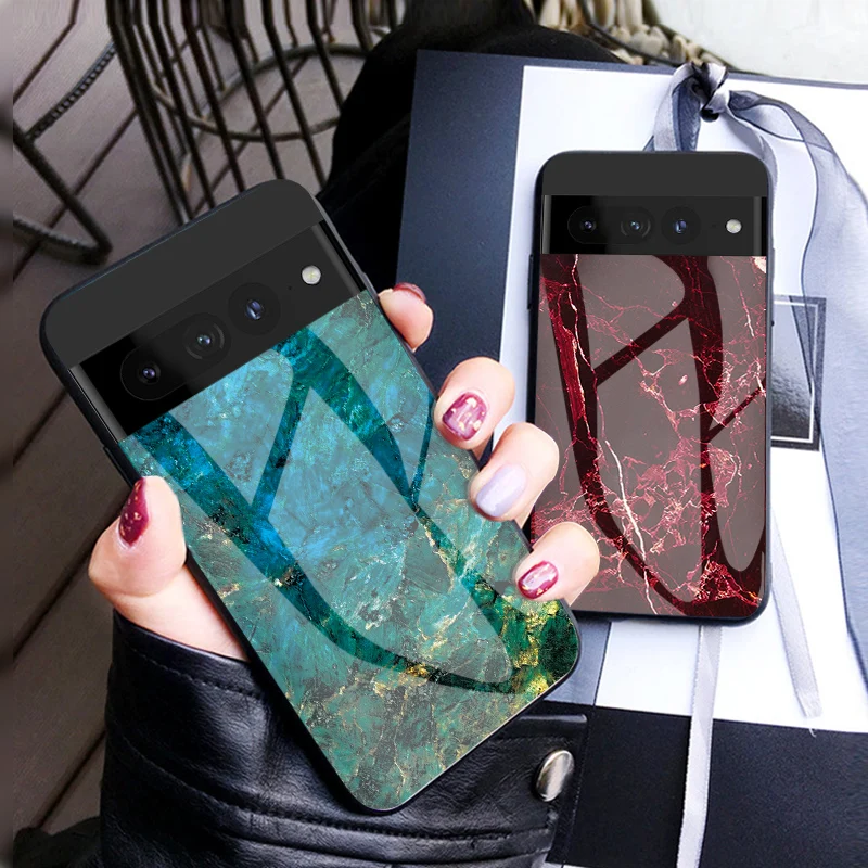 Funda de lujo para Google Pixel 7 Pro, cristal templado duro, grano de mármol, cubierta trasera protectora para Google Pixel 7 7Pro pixel7
