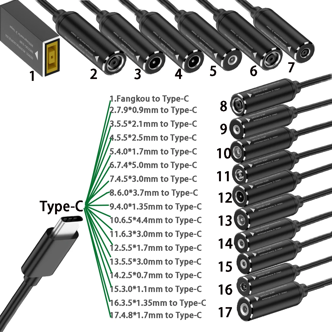 Convertidor de puerto de alimentación de CC tipo C, Cable adaptador de carga de batería de 5V/9V/20V, Puerto cuadrado, PD65w DC hembra a C macho, 1 unidad